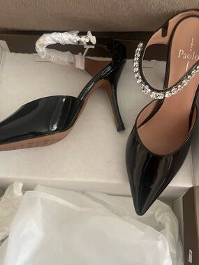 Paolo Linea Black Patent Pointed-Toe Rhinestone Ankle-Strap Stiletto Heels